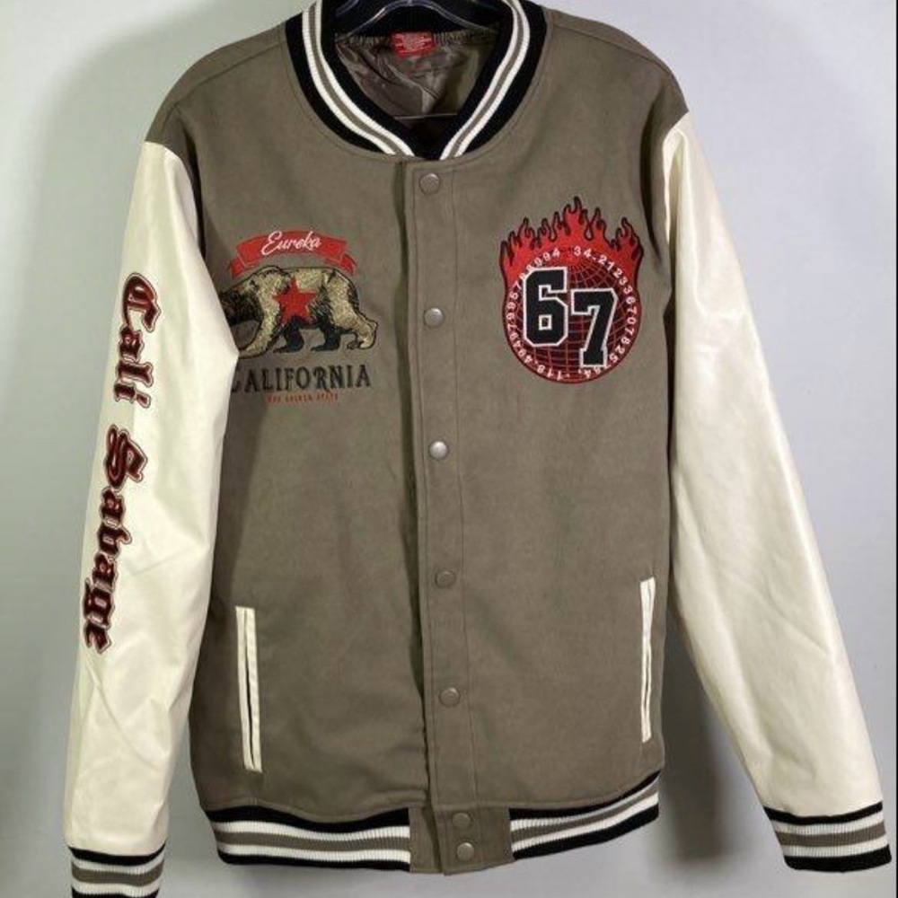 Ring of Fire California Varsity Jacket - Tan and White size L